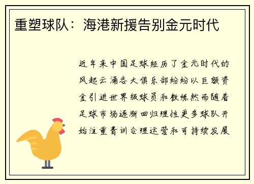 重塑球队:海港新援告别金元时代 重塑球队:海港新援告别金元时代
